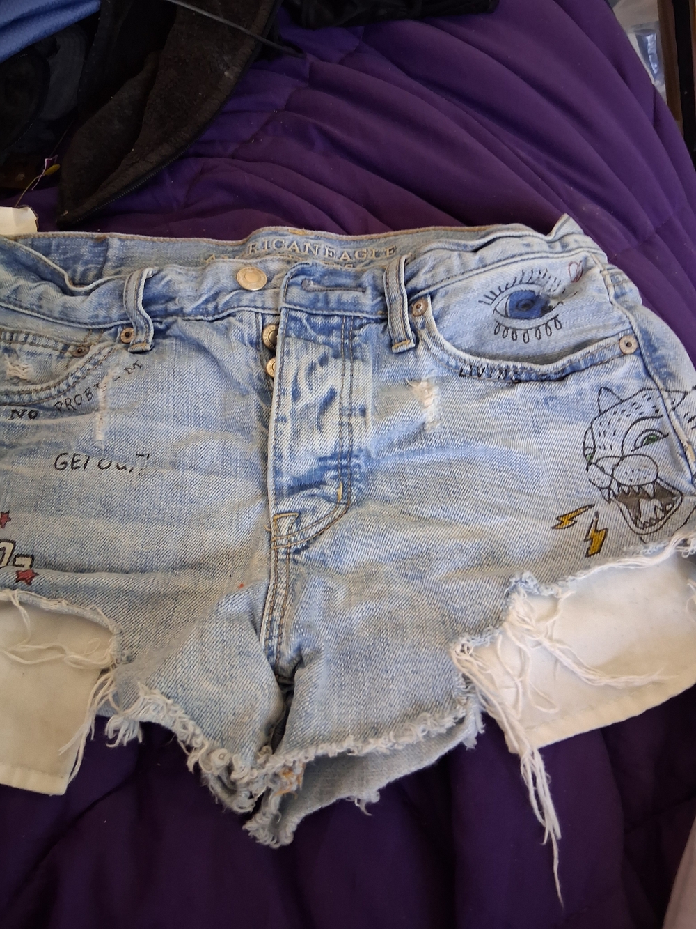 Light Wash Distressed Denim Shorts with Graphic Embroidery